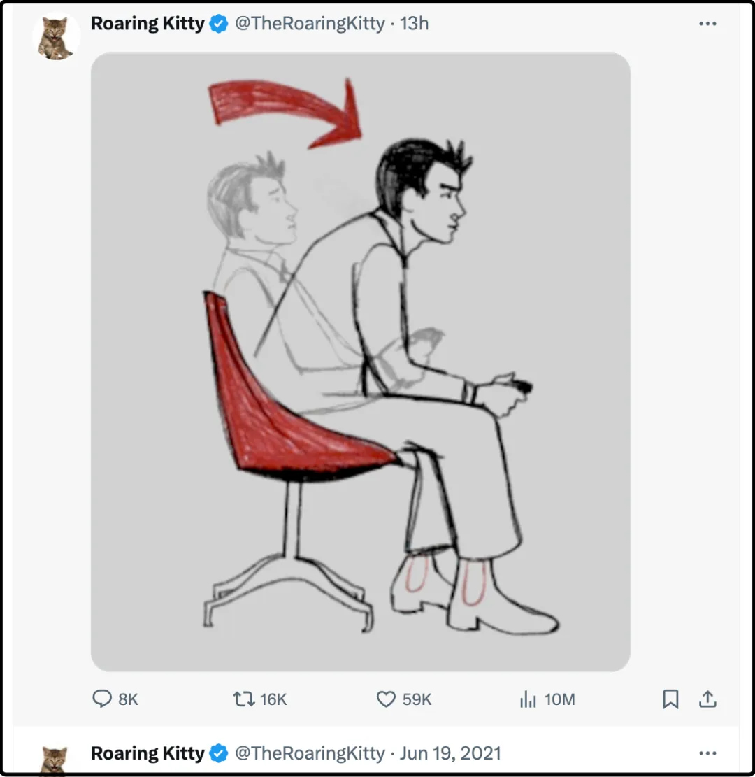 Roaring Kitty(咆哮猫)今天突然复活了,发了一张图片