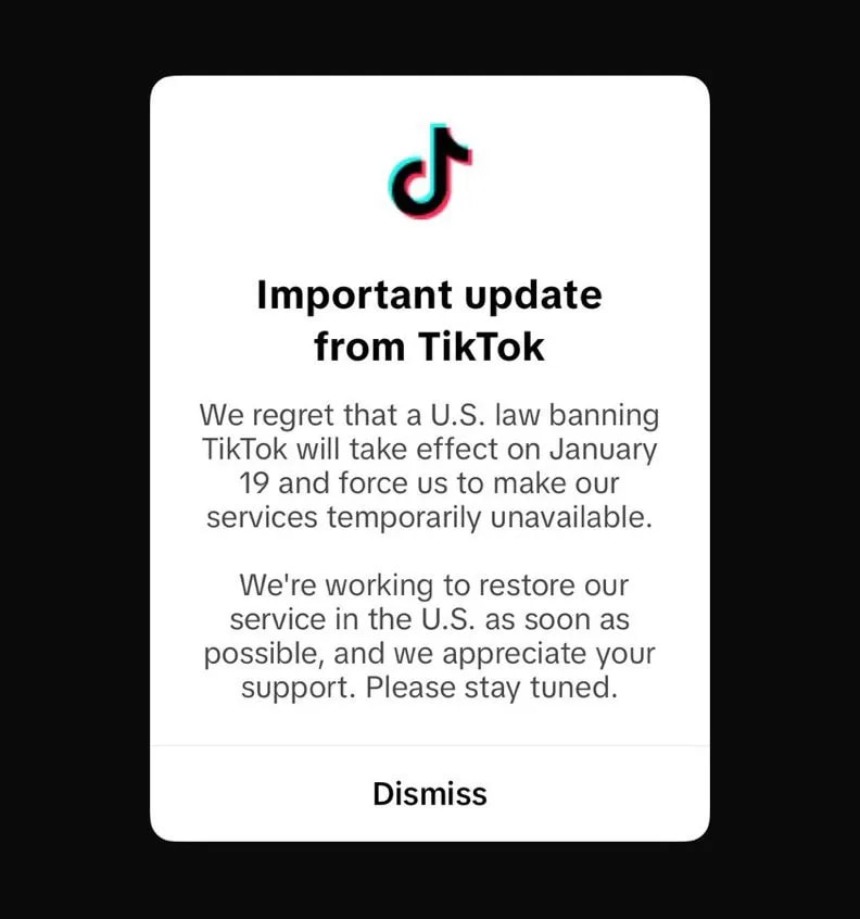 tiktok给用户发了一个通知,美区服务即将在1月19日暂停