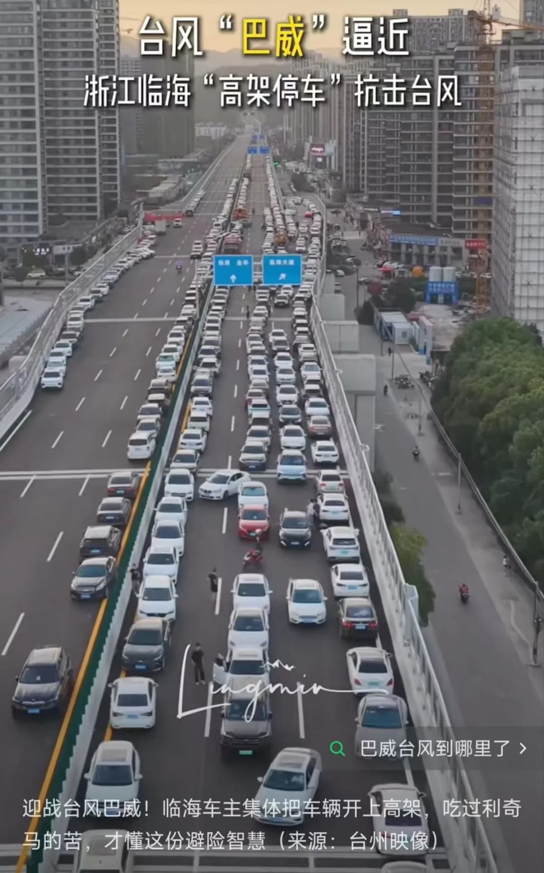 浙江临海大量市民把汽车开到高架桥上停放